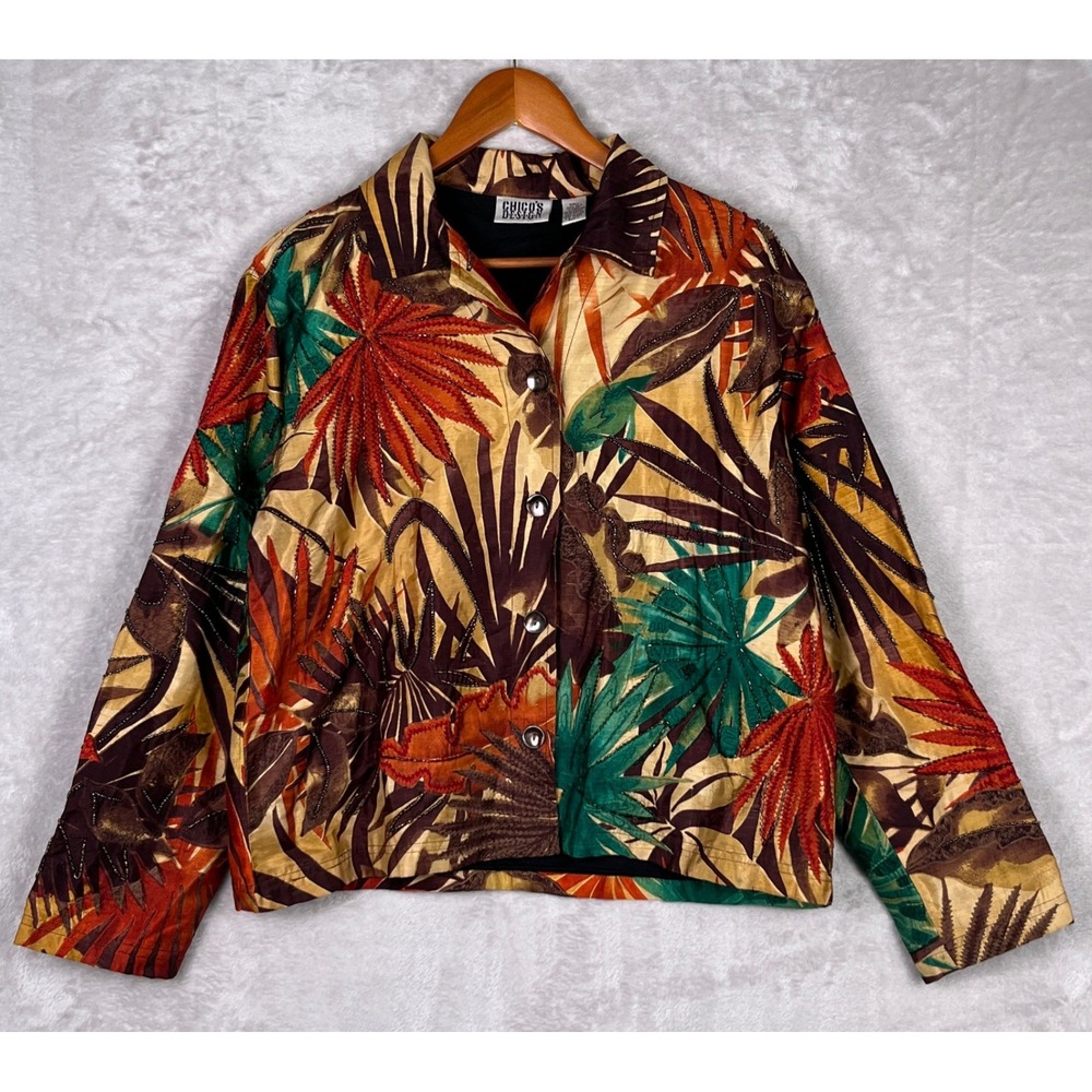 Chicos Womens Silk Tropical Palm Beaded Safari Jacket Fall Size 1 M 8 Grandma